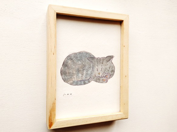 原画「眠る猫」水彩　イラスト ※木製額縁入り 2枚目の画像