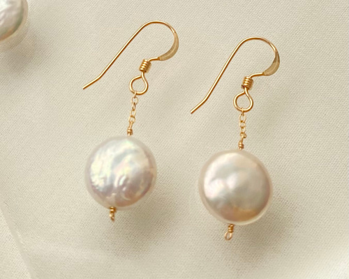 (184)パール　一粒　シンプル　ゴールド　ハンドメイドピアス　イヤリング 一粒淡水パールコインピアス/イヤリング ゴールド（14KGF