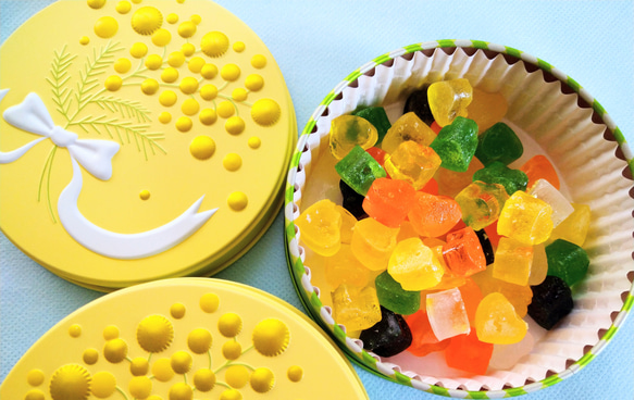 『ミモザハンドメイド2023』『Creema限定』ミモザの琥珀糖　和菓子　可愛い缶！食べられる宝石 3枚目の画像