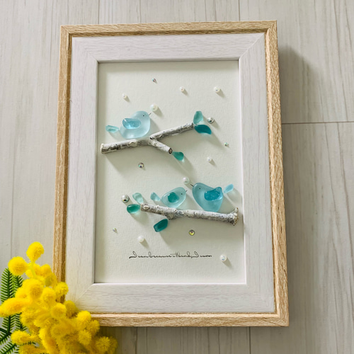 シーグラスアート インテリア雑貨 北欧 パネル 幸せの青い鳥 家族 観葉