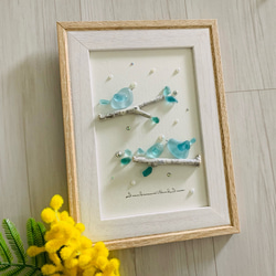 シーグラスアート インテリア雑貨 北欧 パネル 幸せの青い鳥 家族 観葉