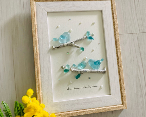 シーグラスアート インテリア雑貨 北欧 パネル 幸せの青い鳥 家族 観葉