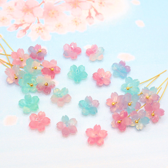 オリジナル変色素材★桜のパーツ　アセテート　ピンク×ブルー→トマトレッド×グリーン 15枚目の画像