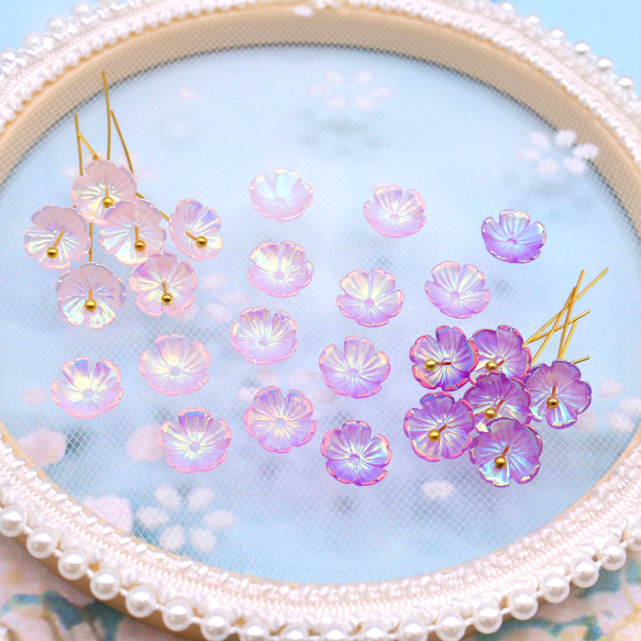 新作★変色するお花の樹脂パーツ　桜　コスモス　オーロラピンク×オーロラパープル 8枚目の画像
