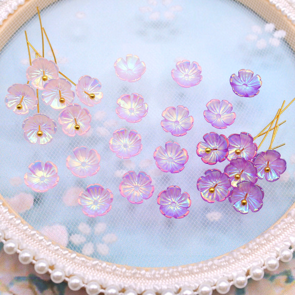新作★変色するお花の樹脂パーツ　桜　コスモス　オーロラピンク×オーロラパープル 9枚目の画像