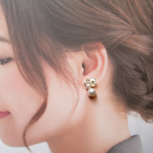 再販】白 桜 × 淡水パール ビジュー ピアス フォーマル 金属