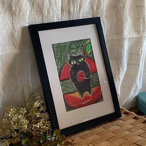 油絵 絵画【猫と赤い薔薇】 絵画。原画【黒猫:赤いリンゴの誘惑】 絵画 アカザ麦 通販