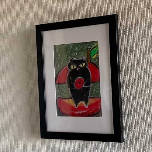 絵画。原画【黒猫:赤いリンゴの誘惑】 絵画 アカザ麦 通販
