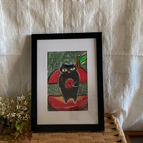 絵画。原画【黒猫:赤いリンゴの誘惑】 絵画 アカザ麦 通販