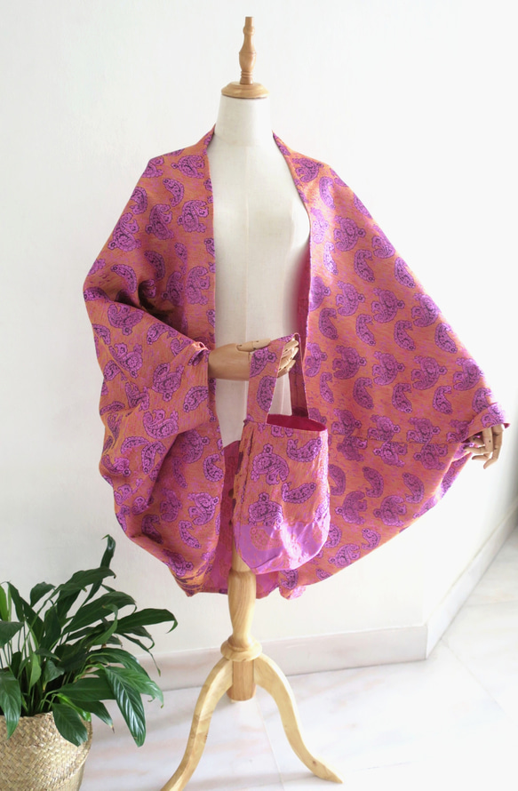春色・羽織ものとバッグのセット・桜色（インド布）（シンガポールから送料無料） 4枚目の画像
