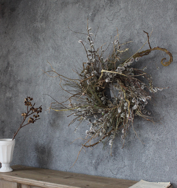 wreath [willow]　やなぎのリース　　　ドライフラワー　猫柳　雪柳 4枚目の画像