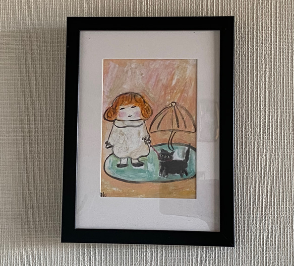 絵画。原画【雨の日、かわいい女の子が黒猫を連れて一緒に楽しく