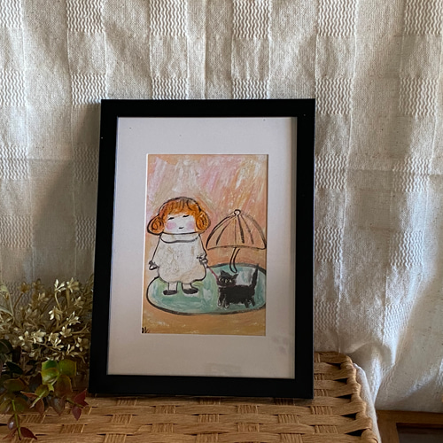 絵画。原画【雨の日、かわいい女の子が黒猫を連れて一緒に楽しく