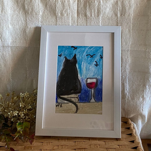 絵画。原画【黒猫の後ろ姿、ワインと静かな海面】 絵画 アカザ麦 通販
