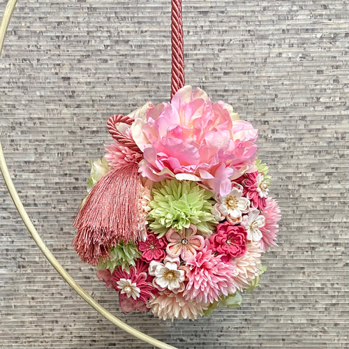Sale!! 和装ボールブーケ つまみ細工 ピンク グリーン *和風ブーケ ...