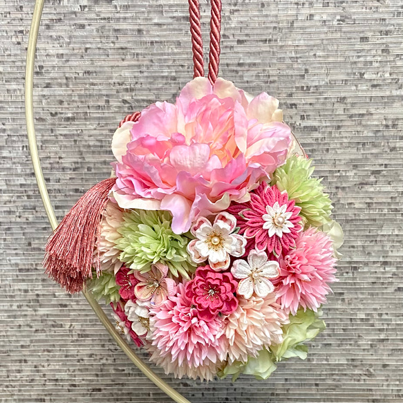 Sale!! 和装ボールブーケ つまみ細工 ピンク グリーン *和風
