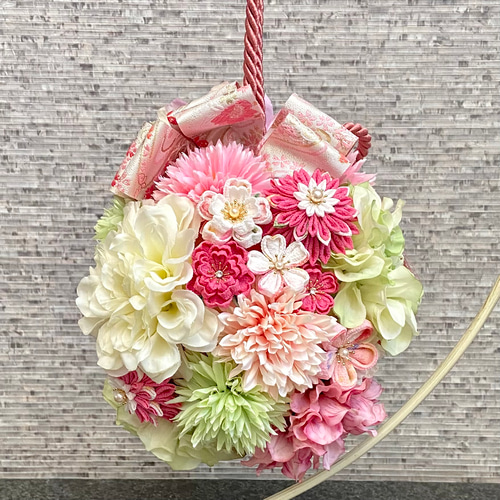 Sale!! 和装ボールブーケ つまみ細工 ピンク グリーン *和風ブーケ ...