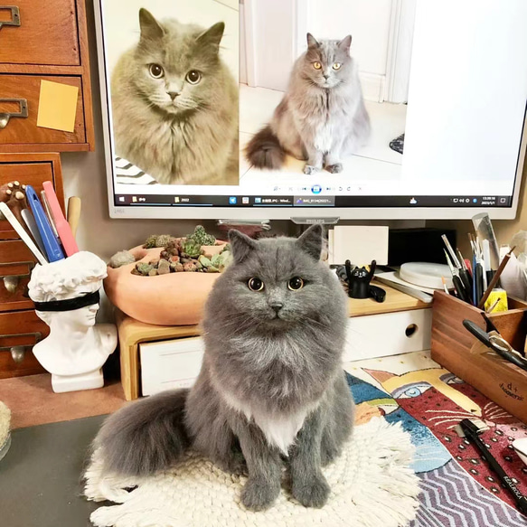 【オーダーメイドペット】羊毛フェルト、うちの子　猫ぬいぐるみ、フェルト猫、羊毛猫、肖像画、犬猫人形 プレゼントやギフトに 1枚目の画像