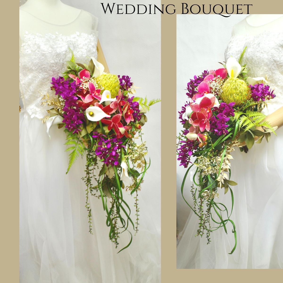 蘭とカラーのキャスケードブーケ 造花 ウェディングブーケ ブーケ 華やか 豪華 お洒落 ラン らん プレ花嫁 造花ブーケ