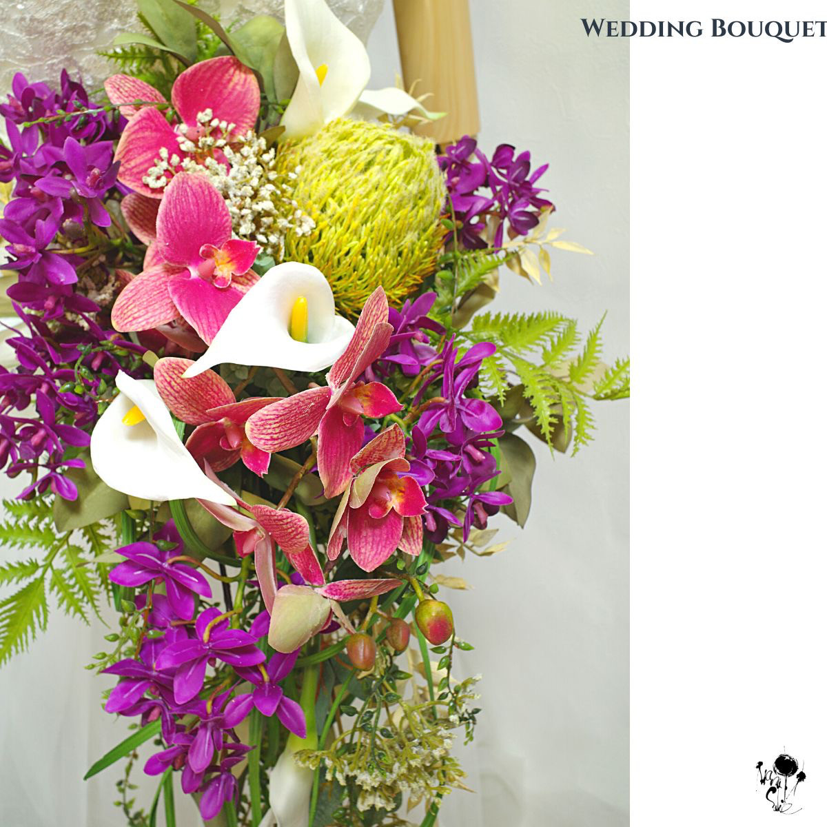 蘭とカラーのキャスケードブーケ 造花 ウェディングブーケ ブーケ 華やか 豪華 お洒落 ラン らん プレ花嫁 造花ブーケ