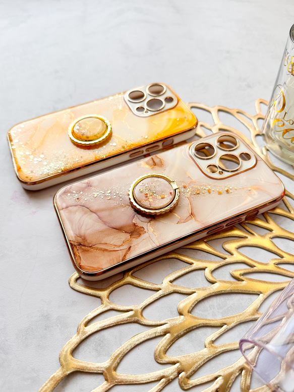 春が待ち遠しいあなたへ✨ ミモザカラー 大理石風iPhoneケース&スマホリングセット アルコールインクアート 7枚目の画像