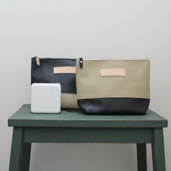 【1,400円OFF】本革マチありポーチ2点セット　バイカラー　ツートーン　メイクポーチ　化粧ポー　ガジェットポーチ 3枚目の画像