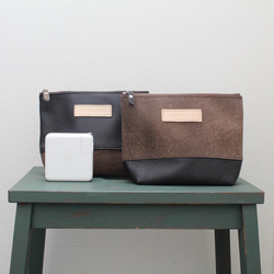 【1,400円OFF】本革マチありポーチ2点セット　バイカラー　ツートーン　メイクポーチ　化粧ポー　ガジェットポーチ 1枚目の画像