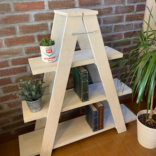 アンティーク ハンドメイド 木製棚 脚立活用 ｱﾝﾃｨｰｸ風木製脚立 3段ﾃﾞｨｽﾌﾟﾚｰﾗｯｸ ﾗｰﾀﾞｰｼｪﾙﾌ 店舗ディスプレイ ﾌﾟﾗﾝﾀｰ