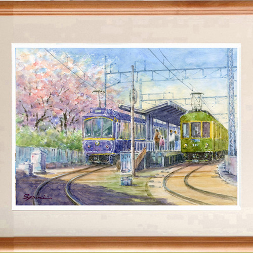 水彩画原画 江ノ電と桜 22 ＃288 絵画 syoumei 通販 15357065
