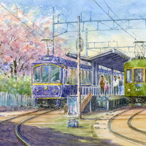 水彩画原画 江ノ電と桜 22 #288 絵画 syoumei 通販 15357065 水彩画原画 江ノ電と桜 22 #288 絵画 syoumei 通販 15357065