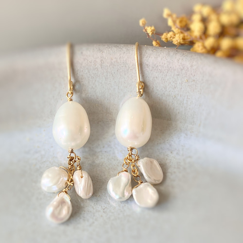 天然＊大粒淡水パールとバロック淡水パールのピアス/イヤリング  