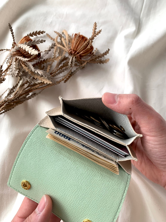 「色が選べる♡」バイカラーミニ財布 カードケースとしても イタリアンレザー アイボリー 10枚目の画像