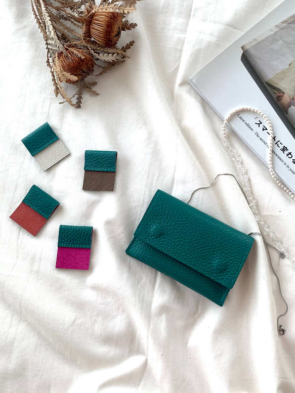 「色が選べる♡」バイカラーミニ財布 カードケースとしても イタリアンレザー グリーン 2枚目の画像
