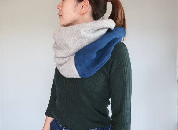 linen wool snood   natural×blue 2枚目の画像