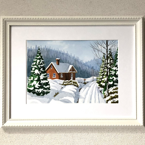 「雪景色 」透明水彩画　原画　風景画　額縁付　A4サイズ 1枚目の画像