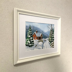 「雪景色 」透明水彩画　原画　風景画　額縁付　A4サイズ 3枚目の画像