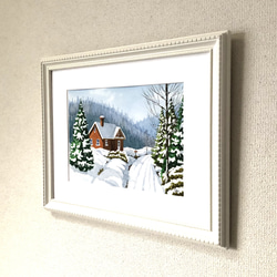「雪景色 」透明水彩画　原画　風景画　額縁付　A4サイズ 4枚目の画像