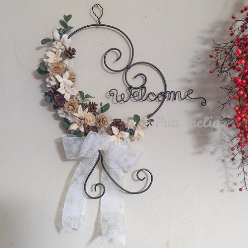 木の実 と ワイヤー ハート の Welcome リース ｜ ウェルカム 木の実