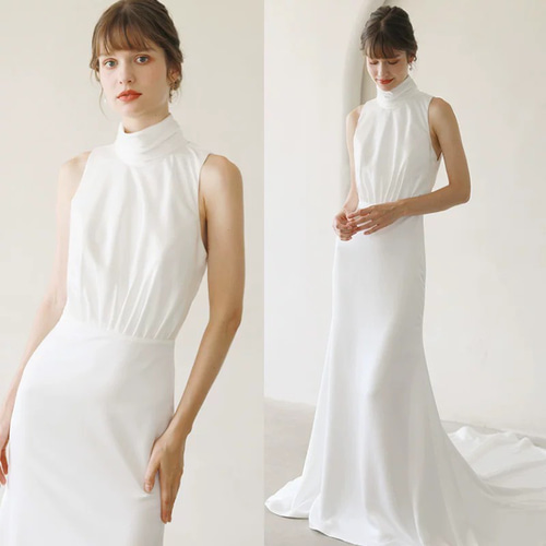 シンプル ホルターネック サテンマーメイドウエディングドレス ドレス  