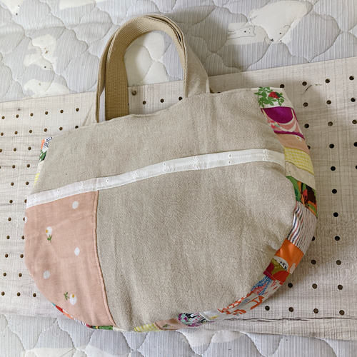 パッチワークトートバッグ ピンク ぽっこり丸型 トートバッグ はなちか  