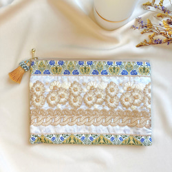 【再販】✧ 祝福シリーズ ✧ 巾着ポーチ インド刺繍 大容量 小物入れ 花柄 青いバラ 12枚目の画像