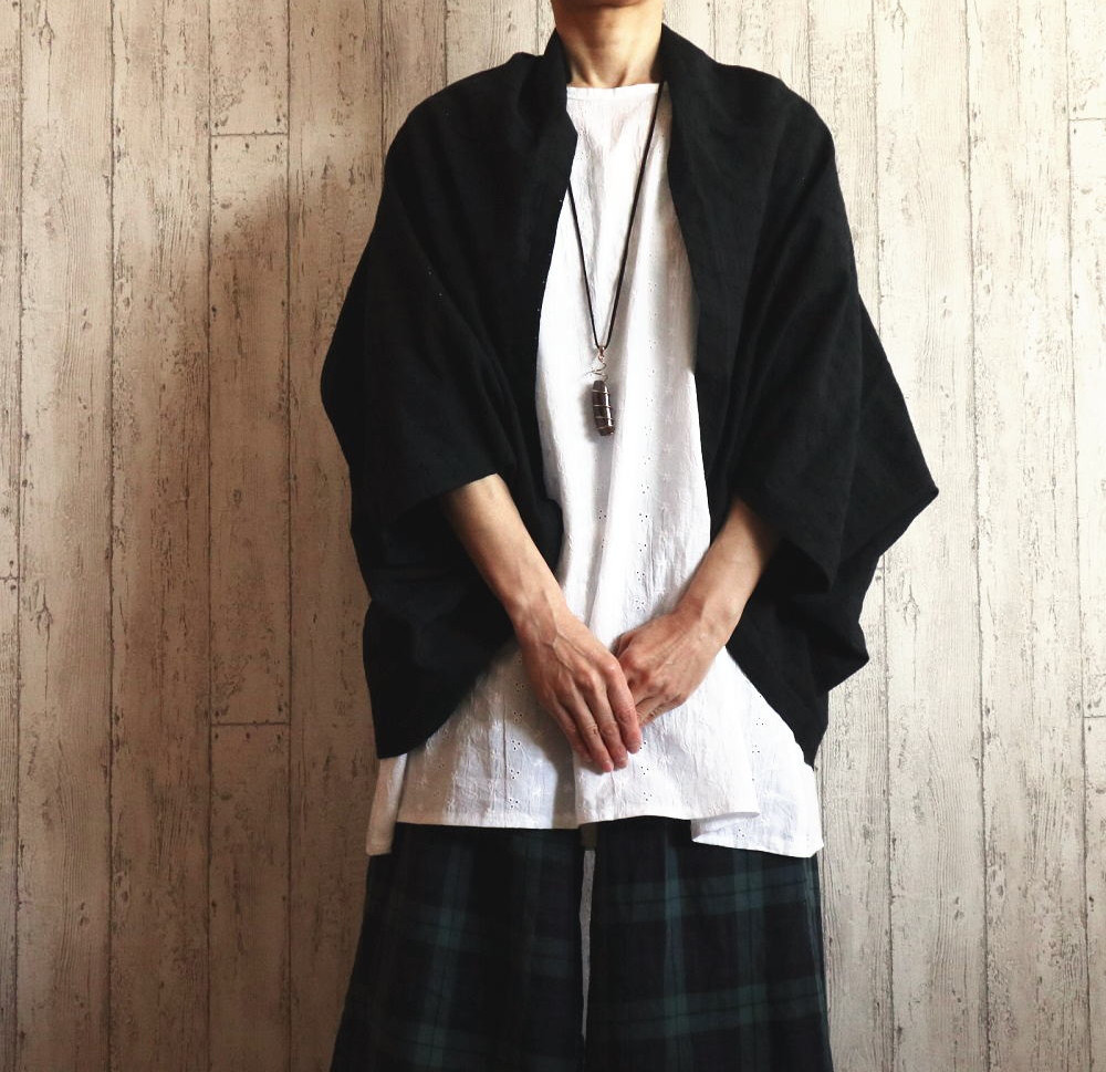 【黒のコットンレースボレロ　３way】日よけ・冷房対策　花柄コットンレース　ギフトにも　　フリーサイズ　日本製