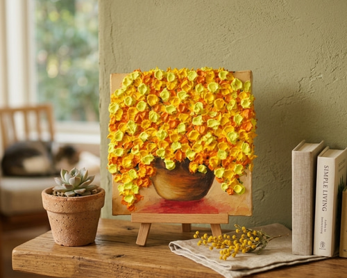 西洋美術　アート　油絵　立体　絵画　置物　インテリア　工芸品　美術品　A1473 ミモザの輝き】空間を彩る立体油絵｜インテリア アートパネル 春の