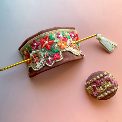 c&s 振り絞り 刺繍生地 リボンヘアクリップ