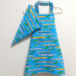 120cm 新幹線B（水色）ゴム紐付 子供用エプロン・三角巾セット 1枚目の画像