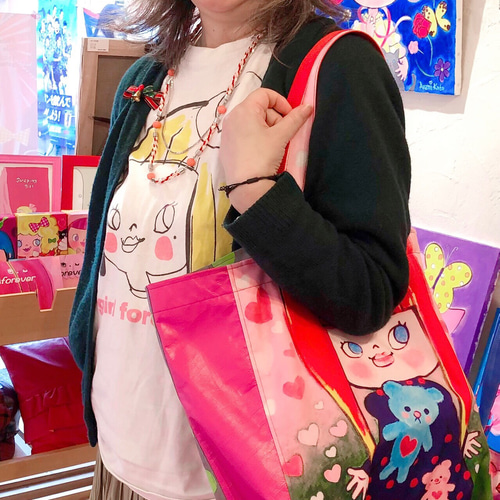 ブルーのgirlちゃんビッグトートバッグ・革とオリジナルプリント生地で