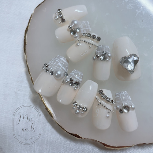 ネイルチップ フレンチガーリー ワンホン ツイード ネイルチップ（つけ