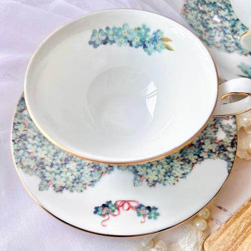 リモージュ　勿忘草　ティーセット　3点セット ヴィンテージティーカップトリオ Queen Anne 勿忘草 - アンティーク
