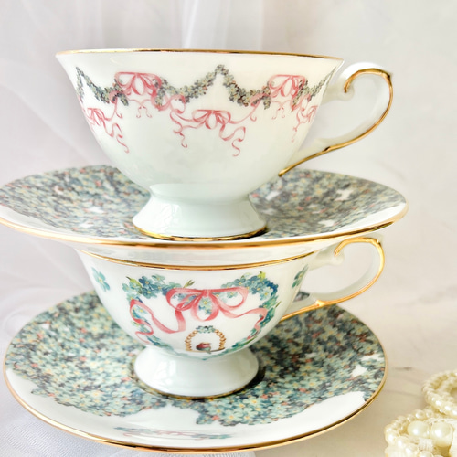 リモージュ　勿忘草　ティーセット　3点セット ヴィンテージティーカップトリオ Queen Anne 勿忘草 - アンティーク