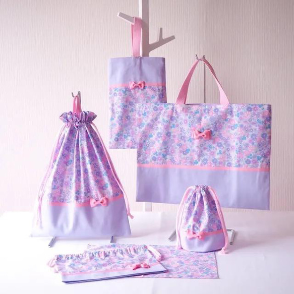 リボンと花柄レッスンバッグなど入園入学セット 紫|レッスン リボンと花柄レッスンバッグなど入園入学セット 紫|レッスン